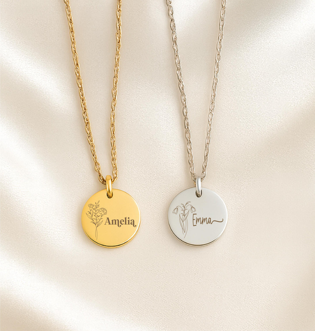 Personalized Birth Flower Necklace: Custom Engraved Name, Gold/Silver/Rose Gold