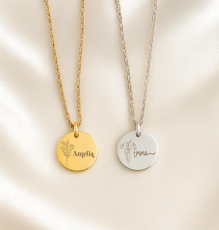 Personalized Birth Flower Necklace: Custom Engraved Name, Gold/Silver/Rose Gold