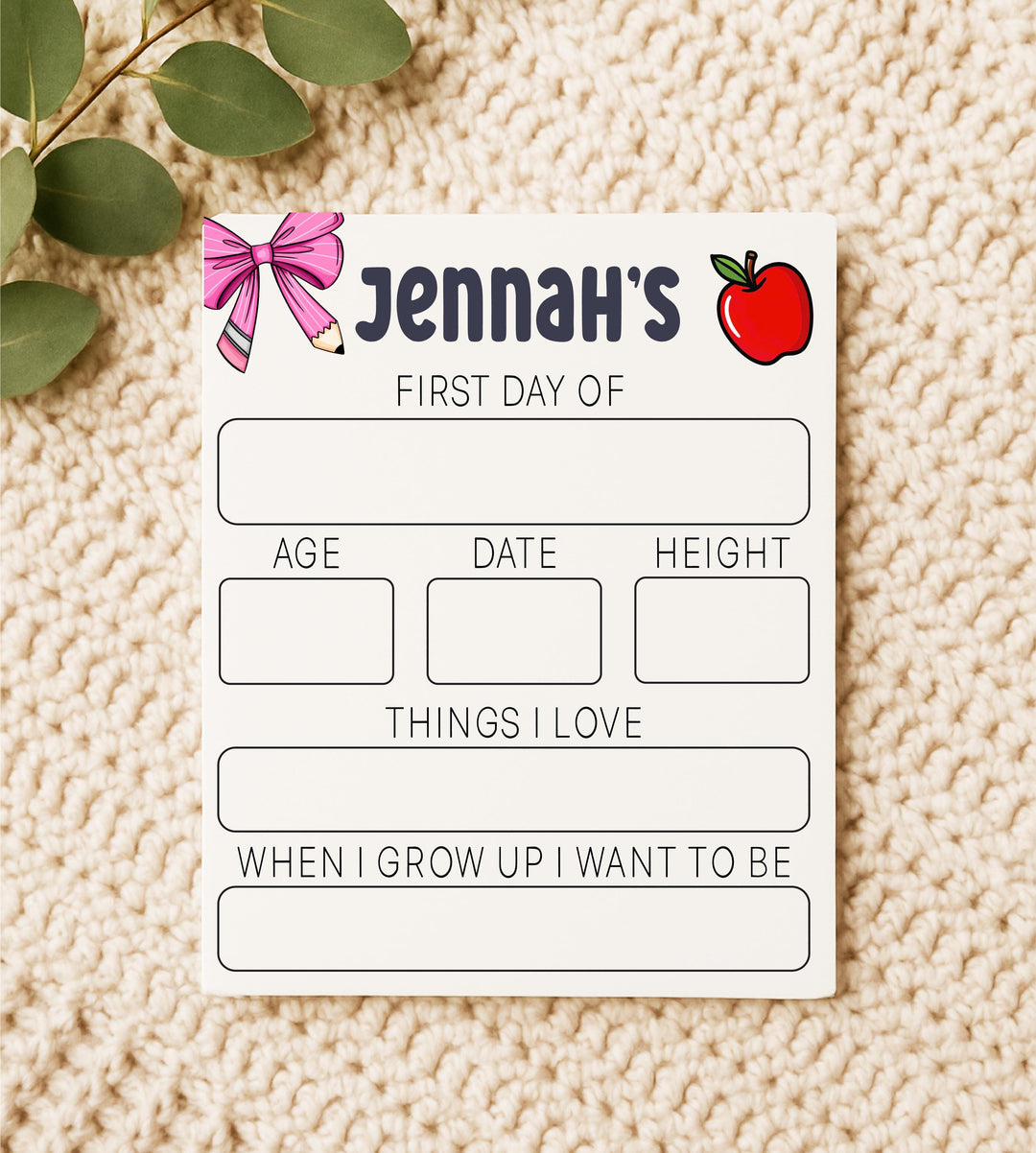 Personalized First Day of School Sign: Reusable Photo Prop
