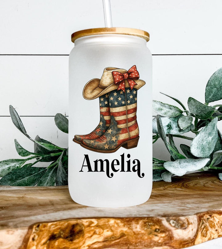 Personalized Cowgirl Iced Coffee Glass Cup: Western Retro Tumbler with Lid &amp; Straw
