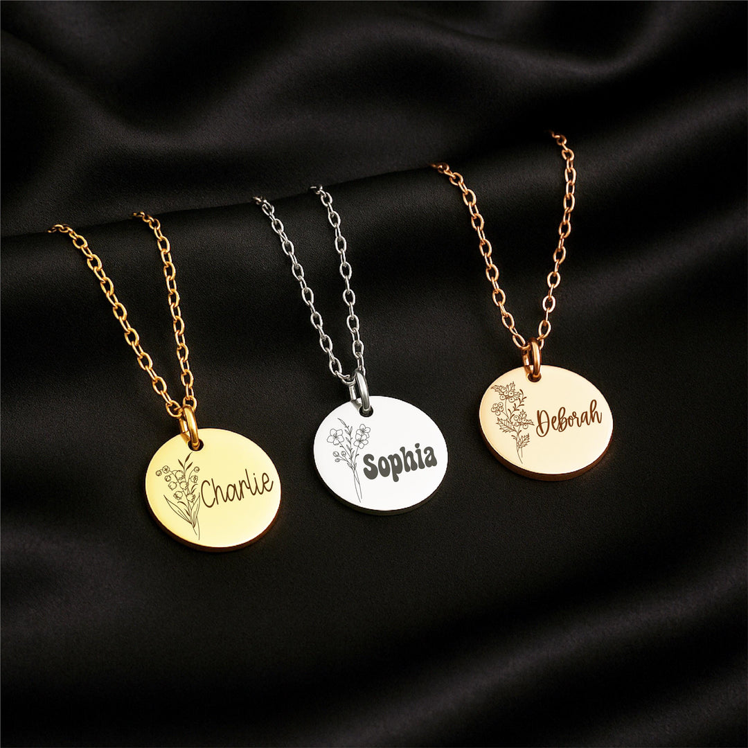 Personalized Birth Flower Necklace: Custom Engraved Name, Gold/Silver/Rose Gold