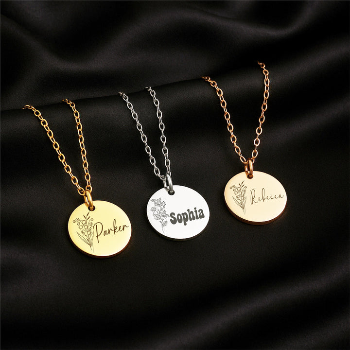Personalized Birth Flower Necklace: Custom Engraved Name, Gold/Silver/Rose Gold