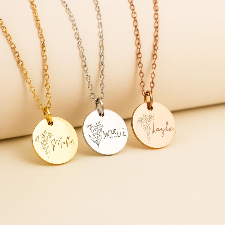 Personalized Birth Flower Necklace: Custom Engraved Name, Gold/Silver/Rose Gold