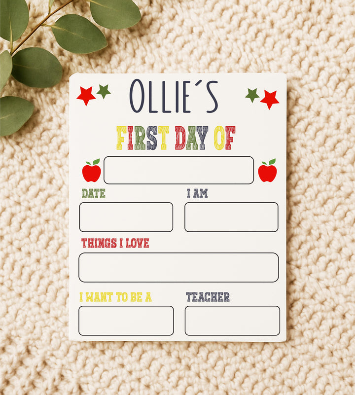 Personalized First Day of School Sign Photo Prop