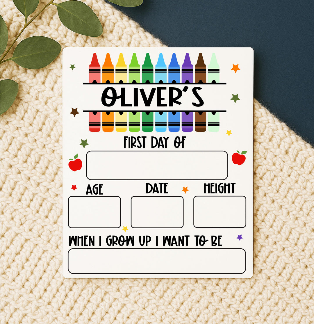 Personalized First Day of School Dry Erase Board: Reusable Crayon Design Photo Prop