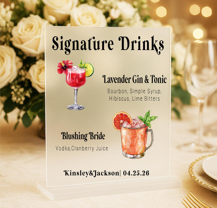 Personalized Wedding Signature Drinks Sign: Custom Acrylic Bar Menu