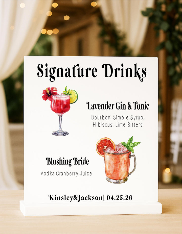 Personalized Wedding Signature Drinks Sign: Custom Acrylic Bar Menu