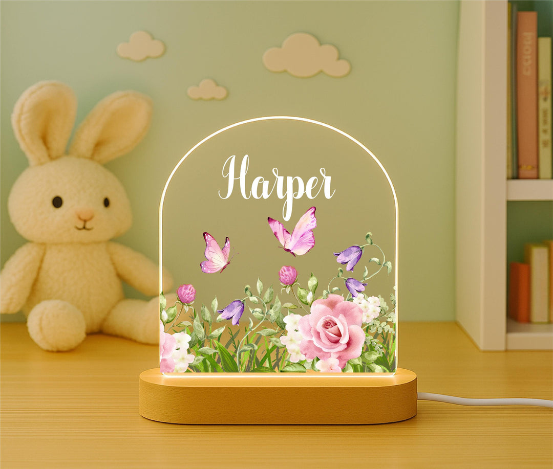 Personalized Baby Night Light – Custom Name, Flowers & Butterflies