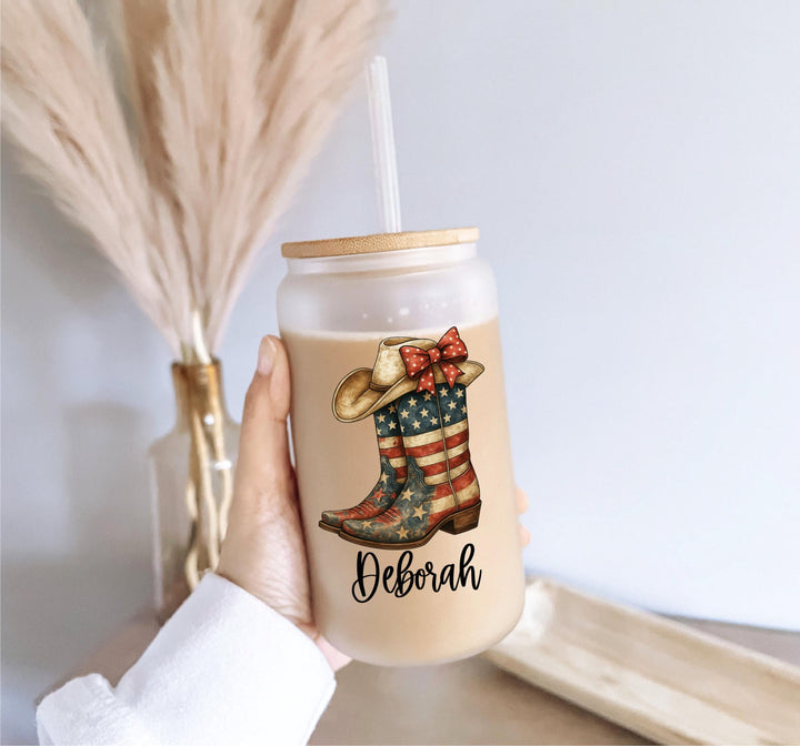 Personalized Cowgirl Iced Coffee Glass Cup: Western Retro Tumbler with Lid &amp; Straw