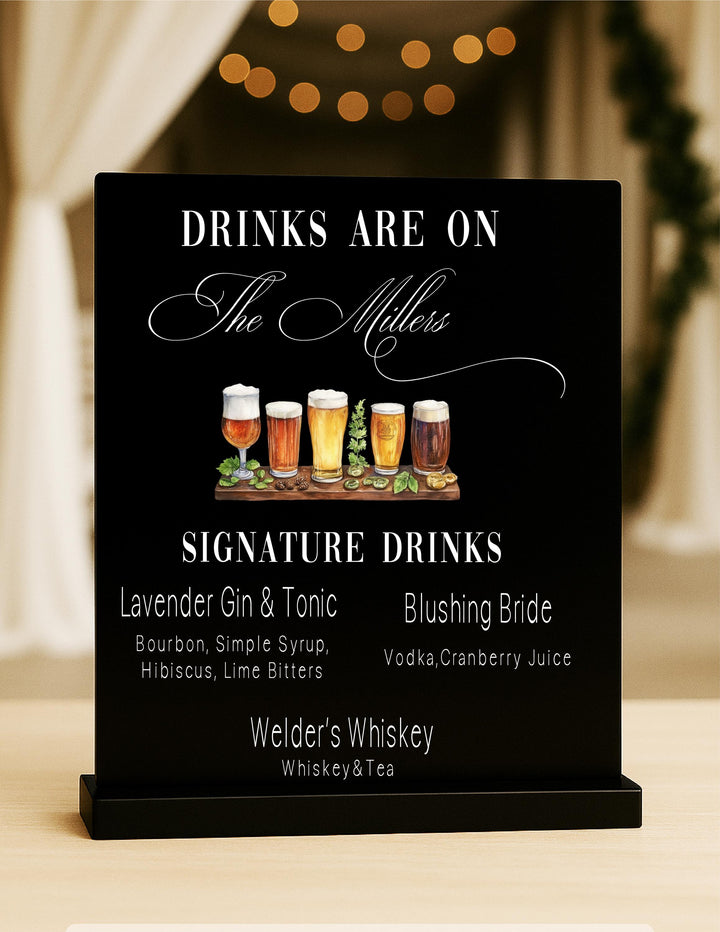 Custom Acrylic Wedding Bar Sign: Signature Drink Menu, Rustic Decor