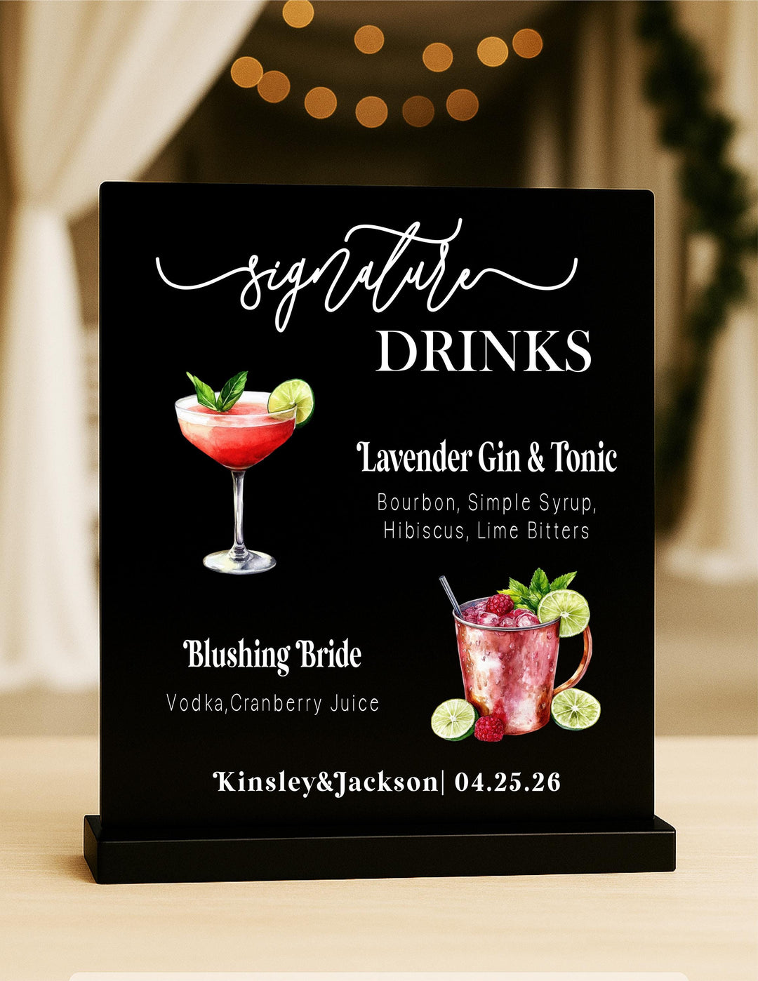 Personalized Acrylic Signature Drinks Wedding Bar Menu Sign