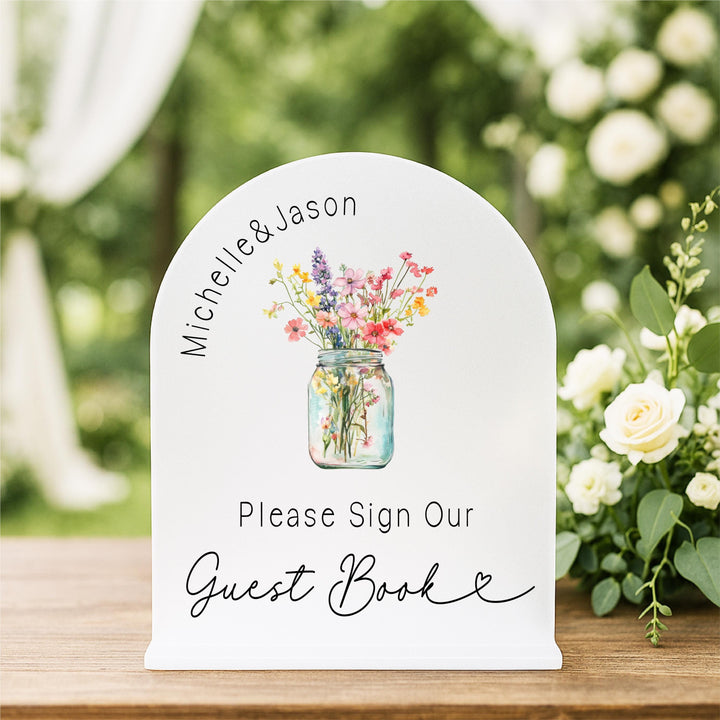Personalized Wedding Guest Book Sign: Floral Arch Acrylic Decor