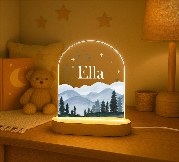 Personalized Kids Night Light with Name &amp; Constellation Custom Baptism Nursery Lamp Mountain Forest LED Light Baby Shower christening Gift