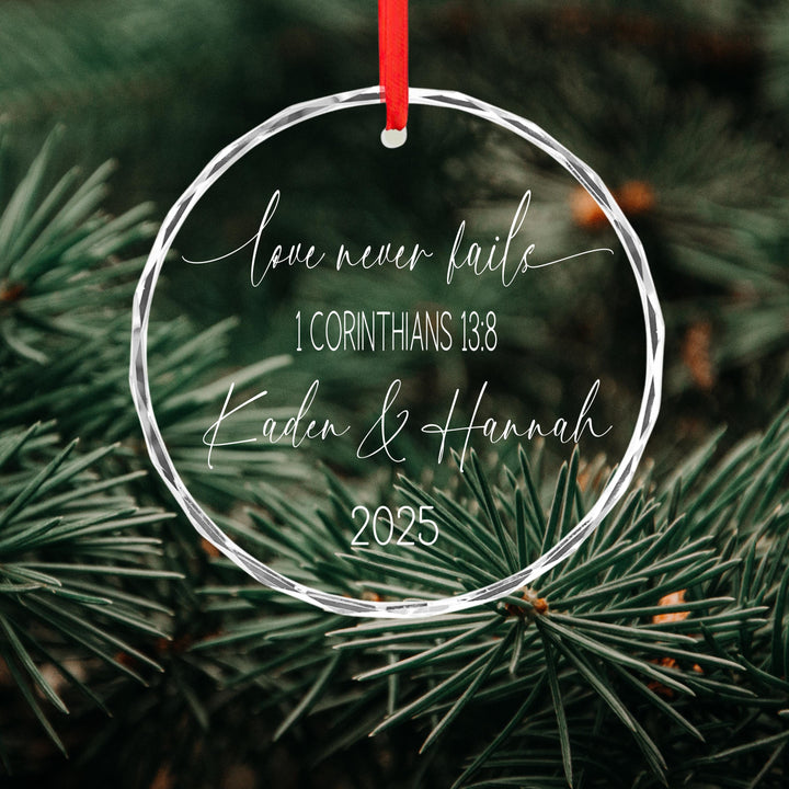 Personalized Glass Heart Christmas Ornament: Engraved Couple Names, Wedding Keepsake