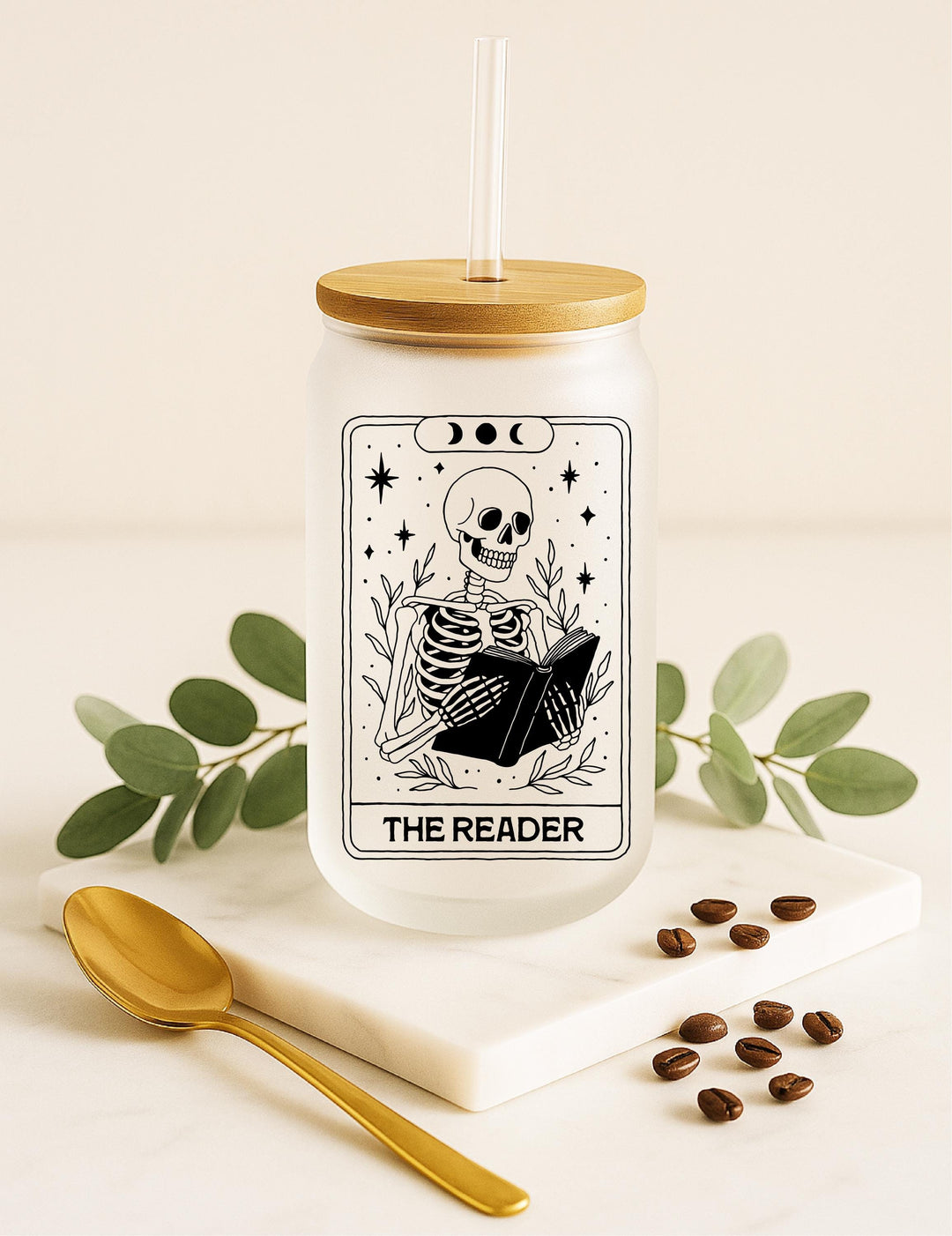 Techie Tarot Frosted Glass Tumbler: Skeleton Hands &amp; Keyboard Iced Coffee Cup