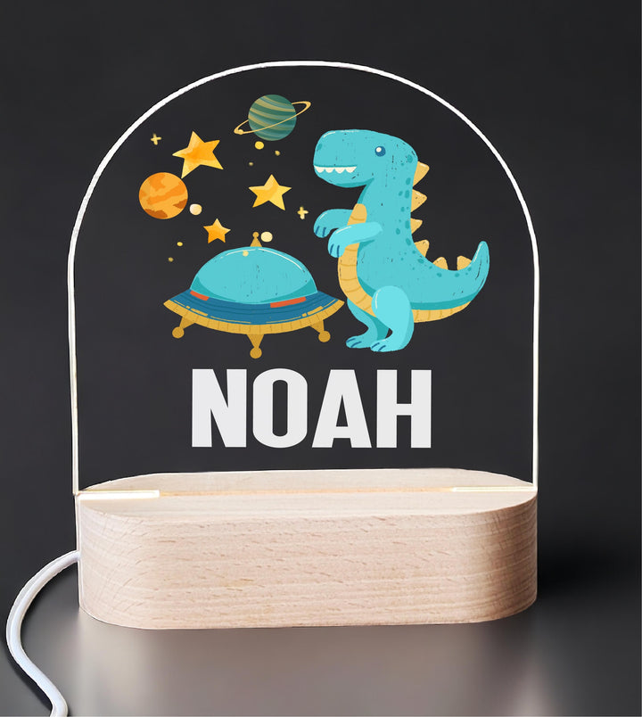 Personalized Dinosaur Space Night Light – Custom Name Lamp