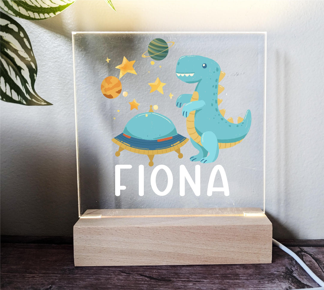 Personalized Dinosaur Space Night Light – Custom Name Lamp