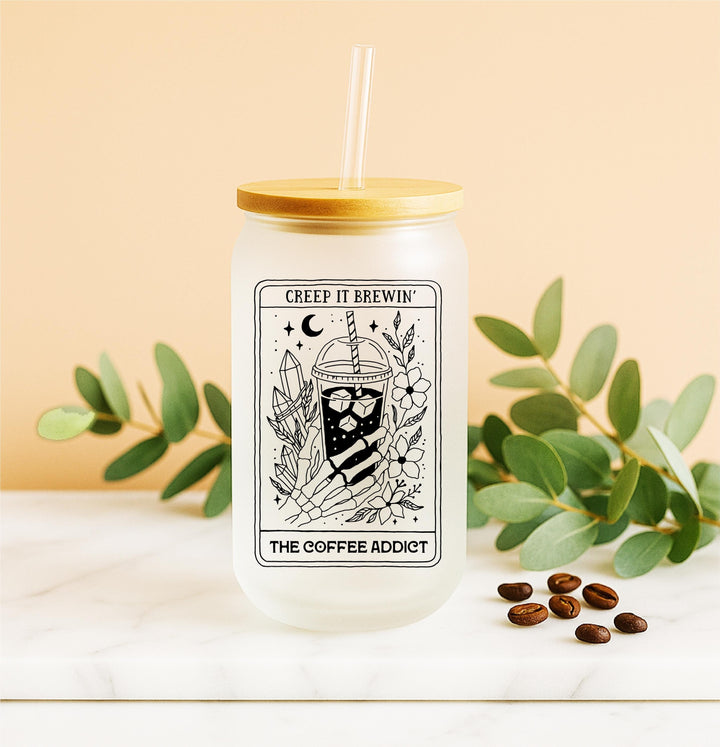 Gothic Coffee Addict Frosted Glass Tumbler: Skeleton Hand Brew Cup