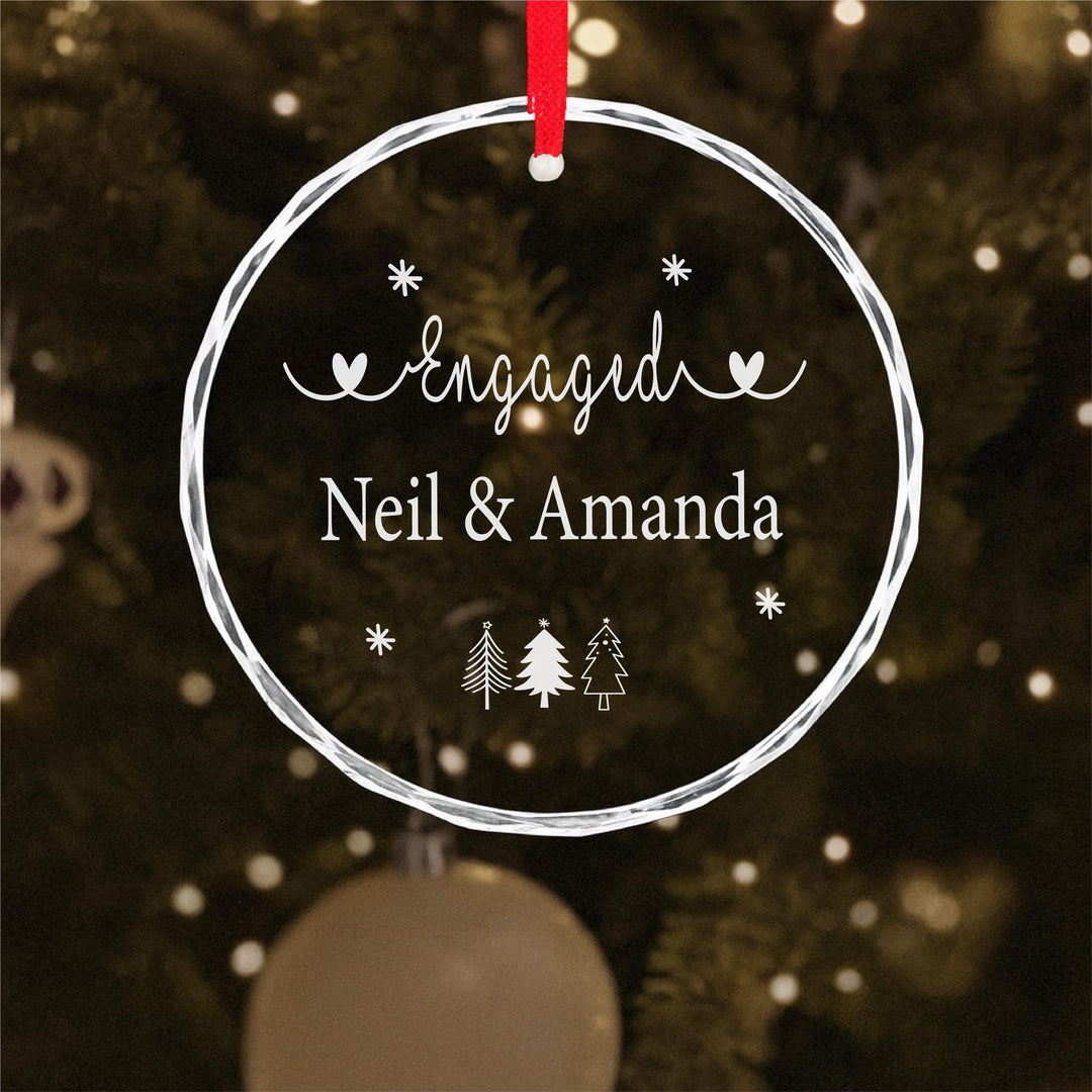 Personalized Engagement Ornament: Engraved Glass Heart, Christmas Keepsake