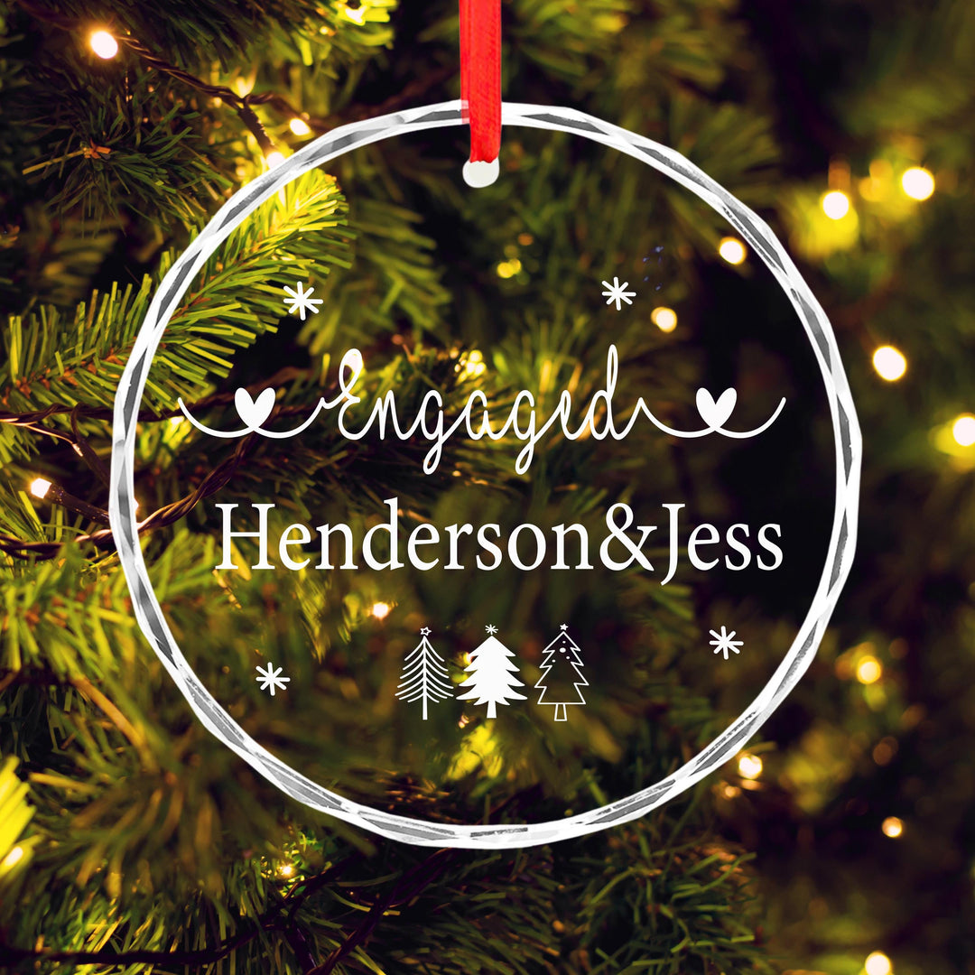Personalized Engagement Ornament: Engraved Glass Heart, Christmas Keepsake