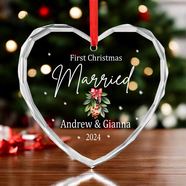 Personalized First Christmas Married Ornament: Engraved Crystal Glass Heart