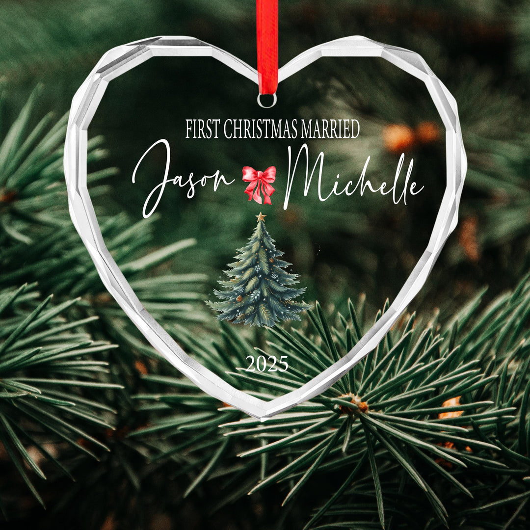 Personalized First Christmas Married Ornament: Clear Glass Newlywed Keepsake