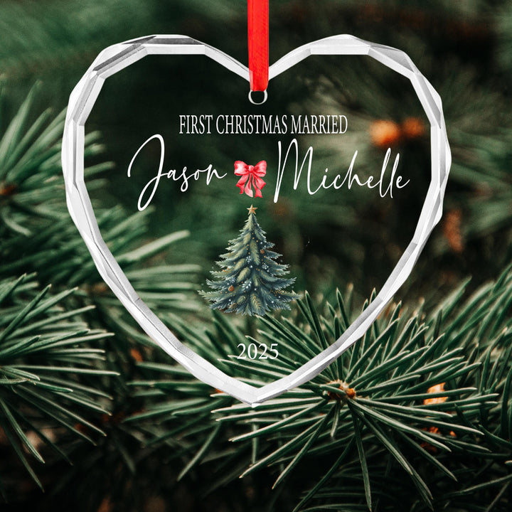 Personalized First Christmas Married Ornament: Clear Glass Newlywed Keepsake