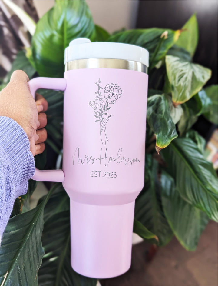 Personalized Bride Tumbler with Handle – Custom Wedding Gift, Engraved Newlywed Mug, Bridal Shower Favor, Anniversary Travel Cup