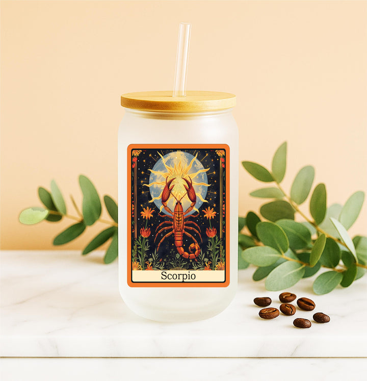 Zodiac Frosted Glass Cup with Bamboo Lid &amp; Straw | Astrology Reusable Iced Coffee Can Glass