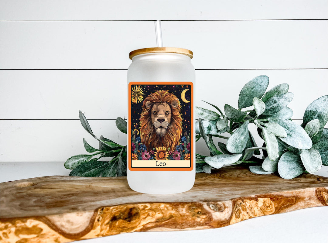 Zodiac Frosted Glass Cup with Bamboo Lid &amp; Straw | Astrology Reusable Iced Coffee Can Glass