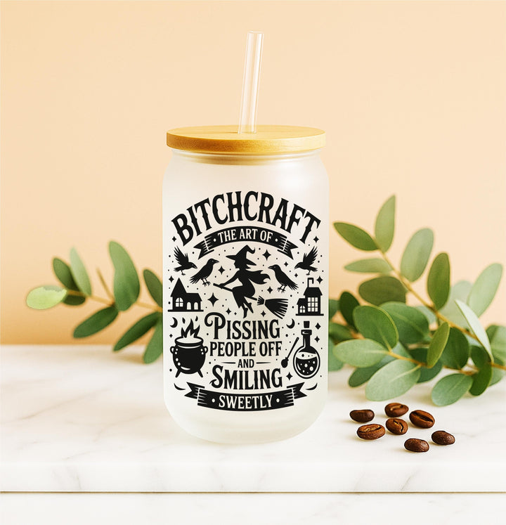 Funny Witch Frosted Glass Can Cup: Bitchcraft Halloween Iced Coffee Tumbler