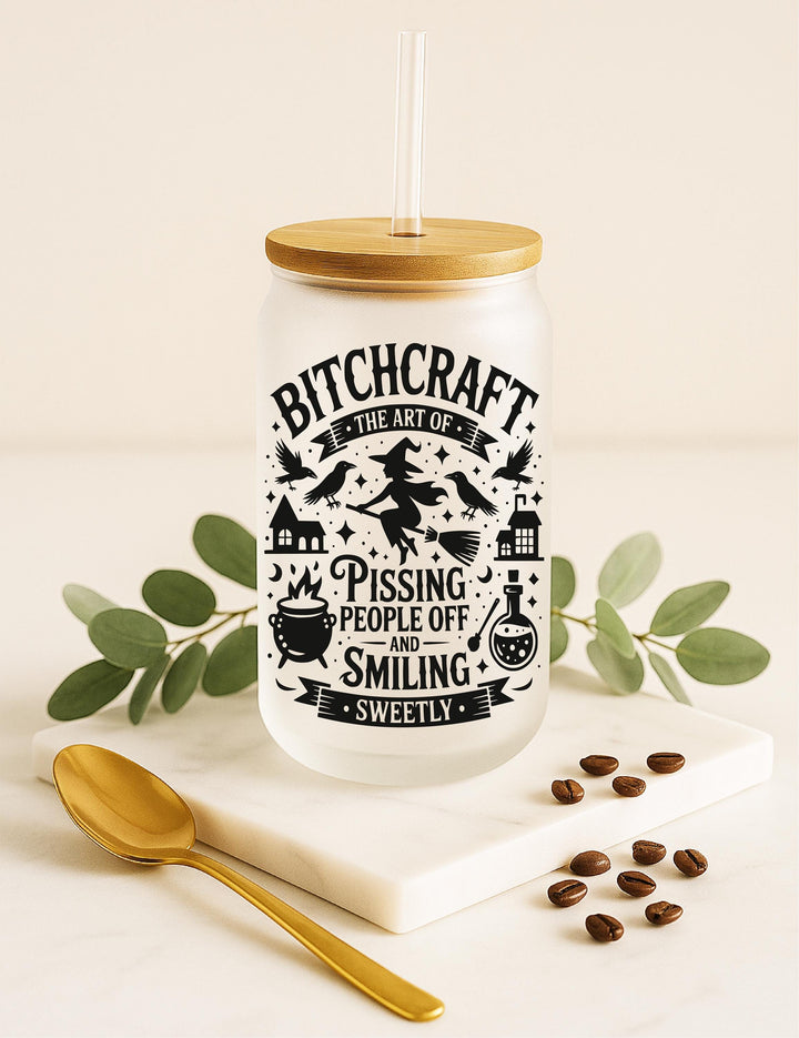 Funny Witch Frosted Glass Can Cup: Bitchcraft Halloween Iced Coffee Tumbler