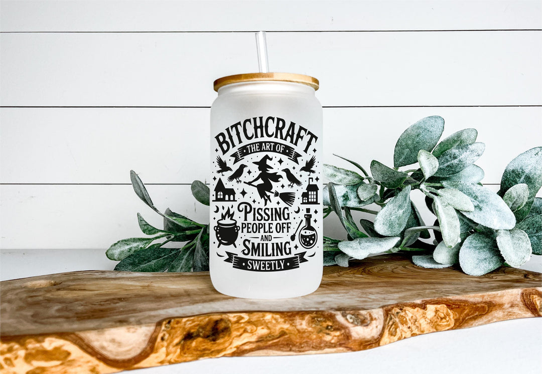 Funny Witch Frosted Glass Can Cup: Bitchcraft Halloween Iced Coffee Tumbler