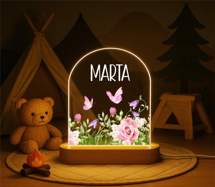 Personalized Baby Night Light – Custom Name, Flowers & Butterflies