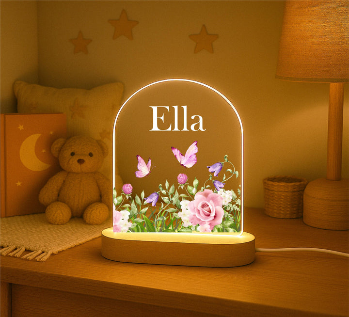 Personalized Baby Night Light – Custom Name, Flowers & Butterflies
