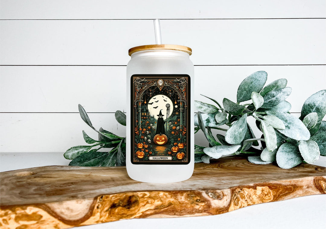 Halloween Frosted Glass Cup with Bamboo Lid and Straw – Witch &amp; Pumpkin Scene, Spooky Moon Tumbler