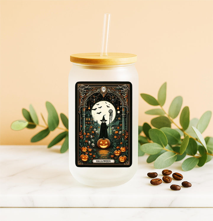 Halloween Frosted Glass Cup with Bamboo Lid and Straw – Witch &amp; Pumpkin Scene, Spooky Moon Tumbler