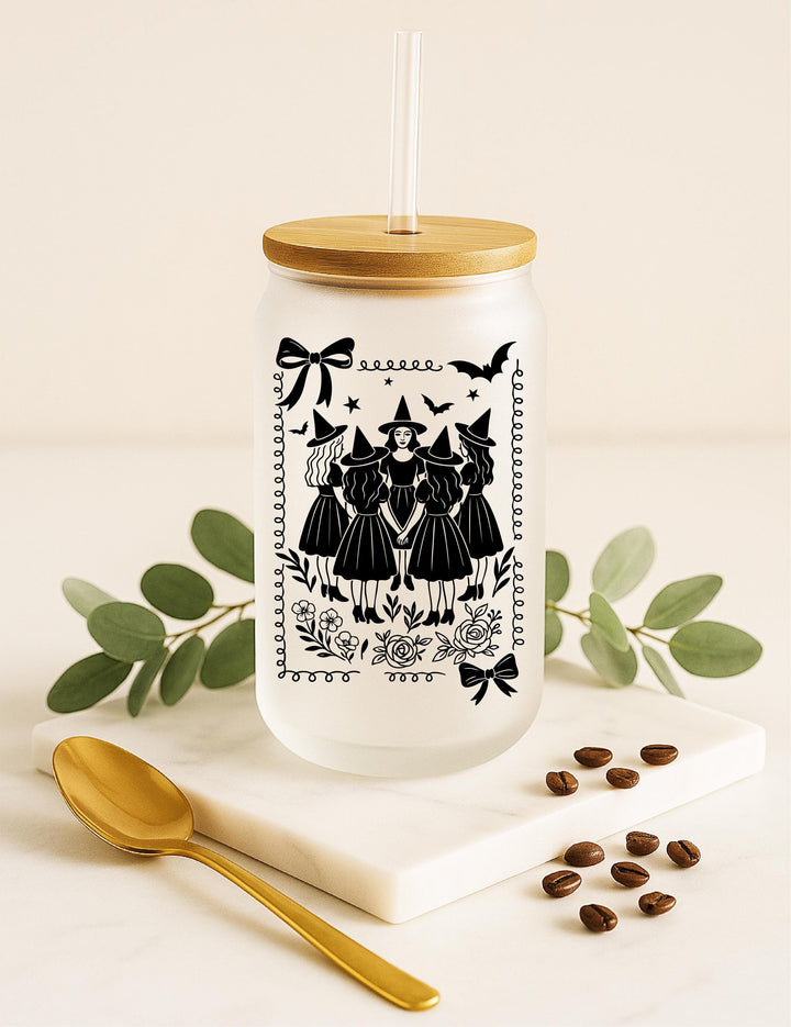 Witches Ghost Design Tumbler, Spooky Iced Coffee Glass, Witchy Gothic Fall Gift