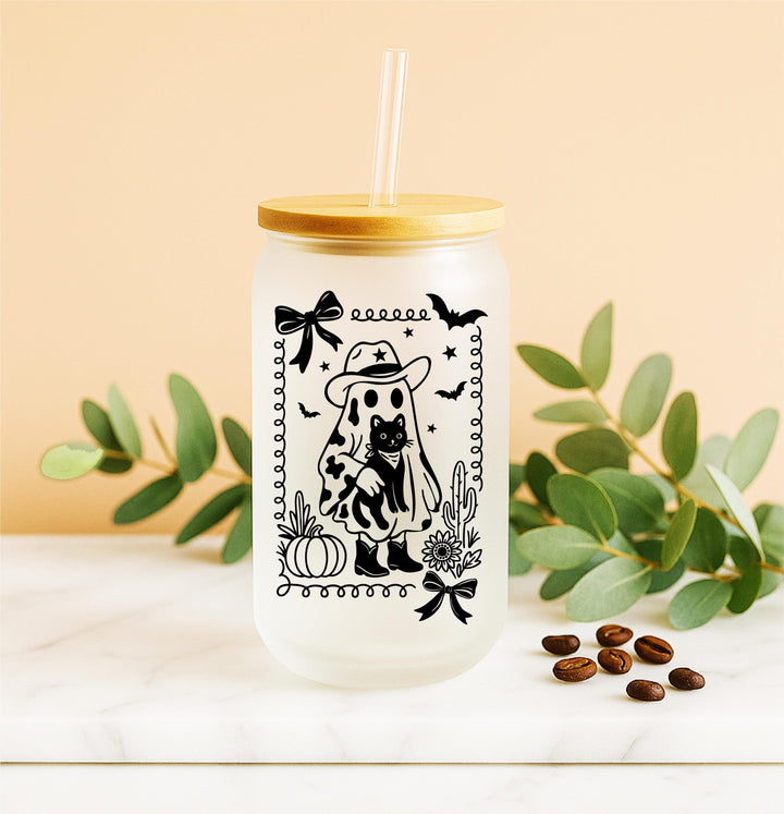 Witches Ghost Design Tumbler, Spooky Iced Coffee Glass, Witchy Gothic Fall Gift