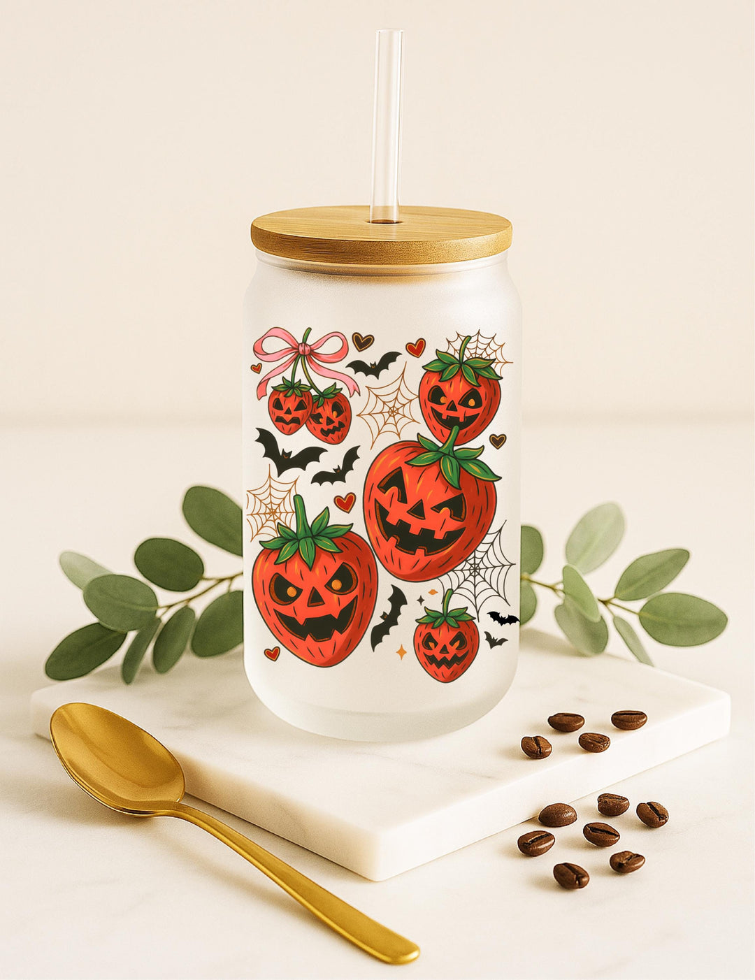 Strawberry Jack-O’-Lantern Design, Cute Spooky Iced Coffee Tumbler Gift