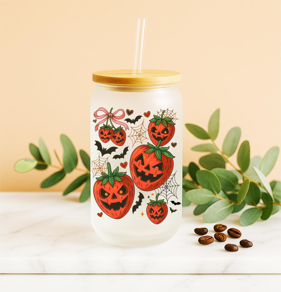 Strawberry Jack-O’-Lantern Design, Cute Spooky Iced Coffee Tumbler Gift