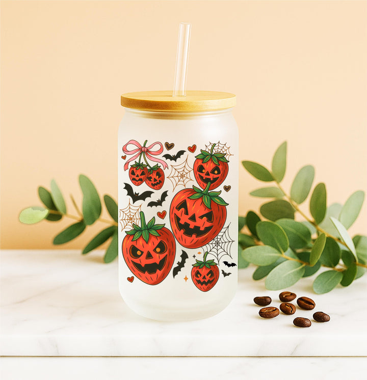 Strawberry Jack-O’-Lantern Design, Cute Spooky Iced Coffee Tumbler Gift