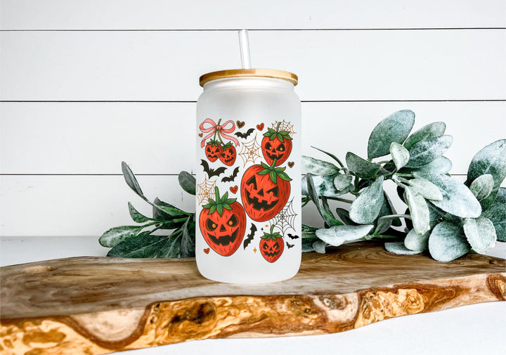 Strawberry Jack-O'-Lantern Iced Coffee Tumbler, Cute Halloween Gift