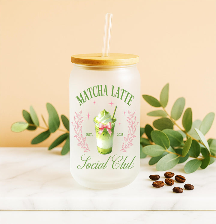 Matcha Latte Social Club Frosted Glass Cup with Bamboo Lid and Straw