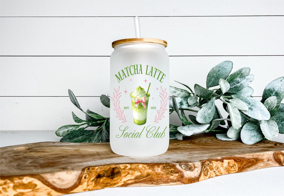 Matcha Latte Social Club Frosted Glass Cup with Bamboo Lid and Straw