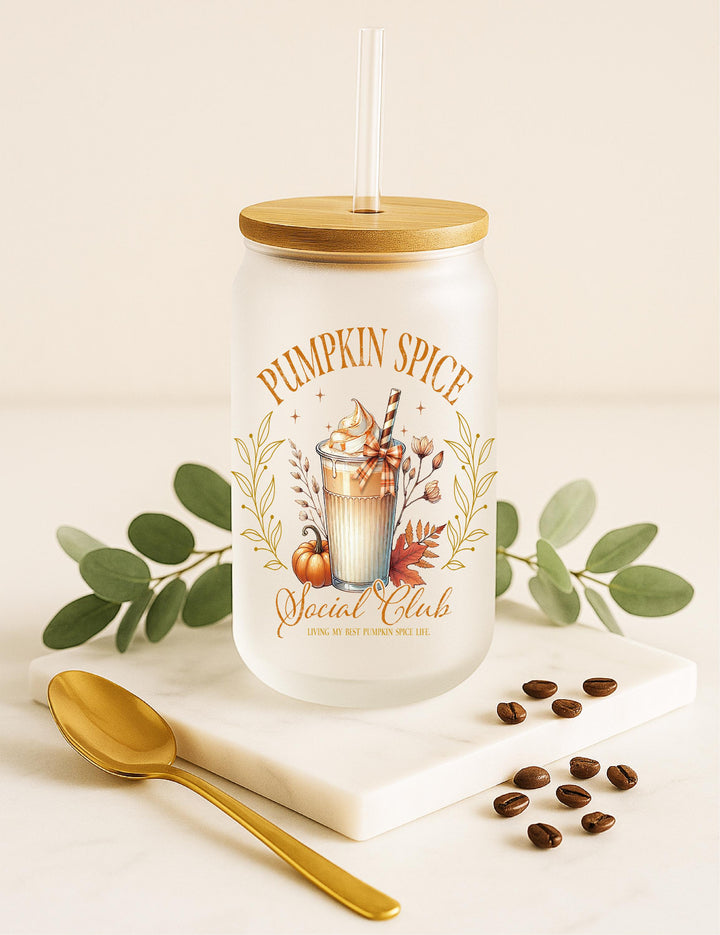 Pumpkin Spice Social Club Frosted Glass Cup with Straw