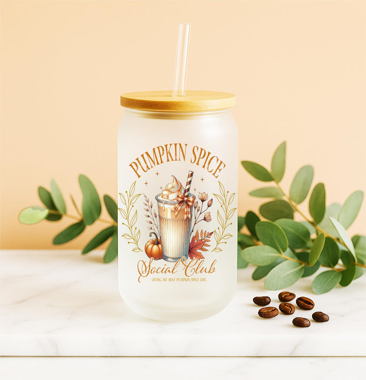Pumpkin Spice Social Club Frosted Glass Cup with Bamboo Lid and Straw – Cozy Fall Drinkware