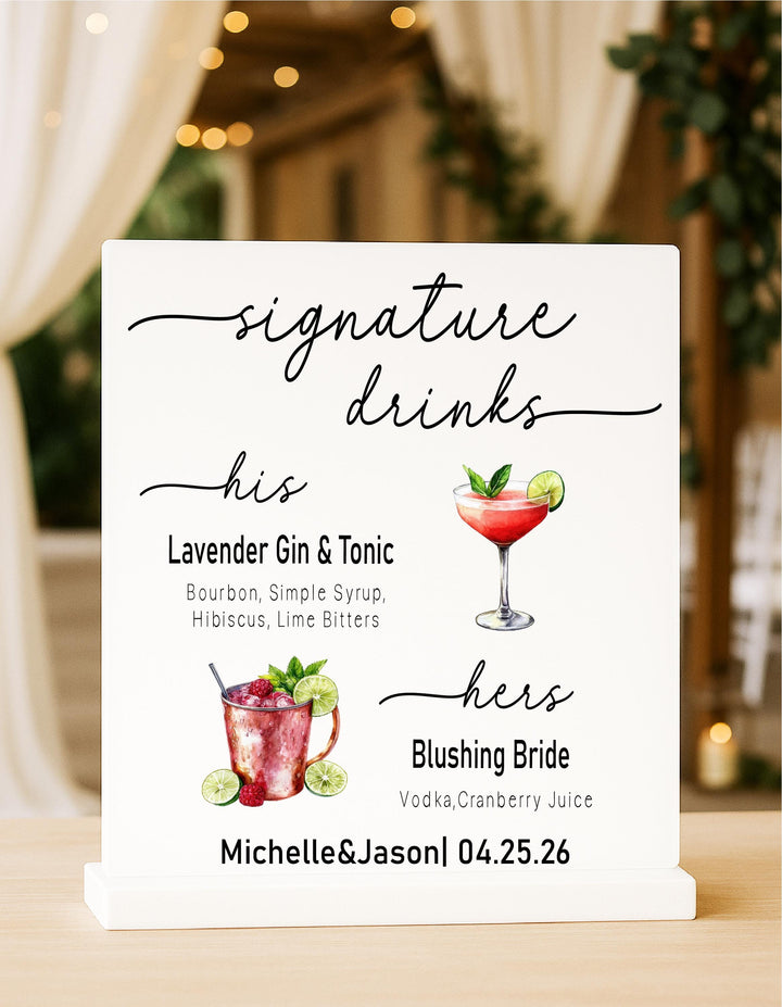 Custom His &amp; Hers Cocktail Bar Menu, Acrylic Reception D&#233;cor, Modern Wedding Drink Sign