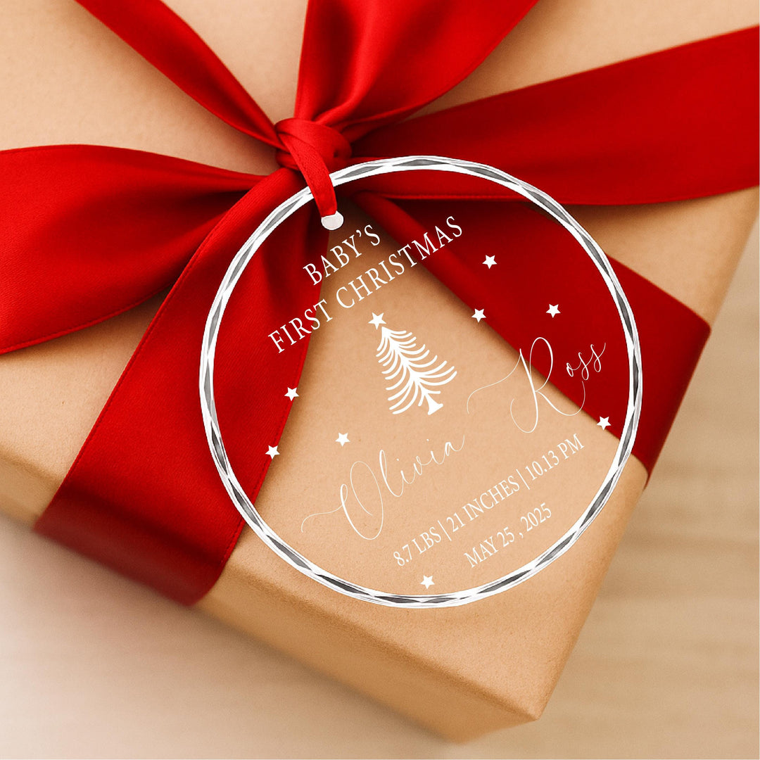 Custom Newborn Birth Stats Keepsake | Engraved glass Holiday Tree Decoration