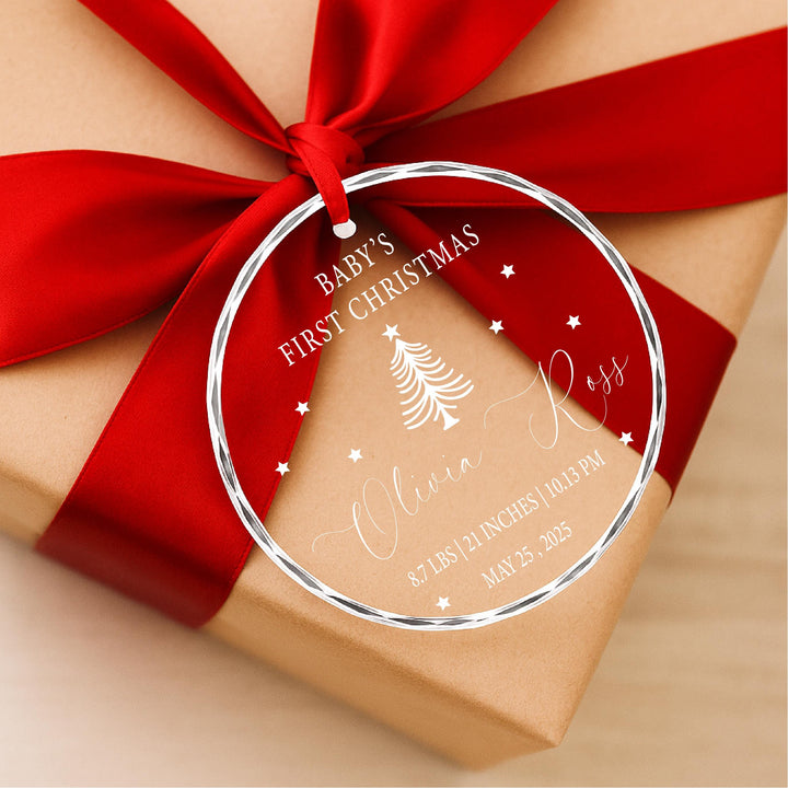 Custom Newborn Birth Stats Keepsake | Engraved glass Holiday Tree Decoration